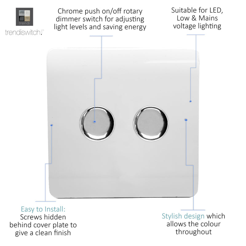 Load image into Gallery viewer, Trendi Switch ART-2LDMWH, Artistic Modern 2 Gang 2 Way LED Dimmer Switch 5-150W LED / 120W Tungsten Per Dimmer, Gloss White Finish, (35mm Back Box Required) 5yrs Wrnty - 42306
