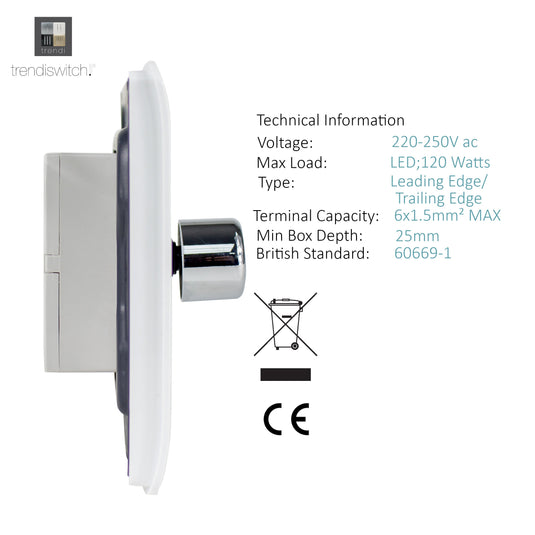 Trendi Switch ART-2LDMWH, Artistic Modern 2 Gang 2 Way LED Dimmer Switch 5-150W LED / 120W Tungsten Per Dimmer, Gloss White Finish, (35mm Back Box Required) 5yrs Wrnty - 42306