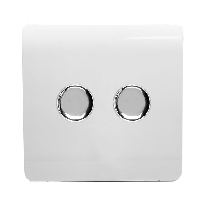 Trendi Switch ART-2LDMWH, Artistic Modern 2 Gang 2 Way LED Dimmer Switch 5-150W LED / 120W Tungsten Per Dimmer, Gloss White Finish, (35mm Back Box Required) 5yrs Wrnty - 42306