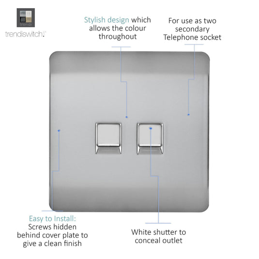 Trendi Switch ART-2PCBS, Artistic Modern Twin PC Ethernet Cat 5&6 Data Outlet Brushed Steel Finish, BRITISH MADE, (35mm Back Box Required), 5yrs Warranty - 53609