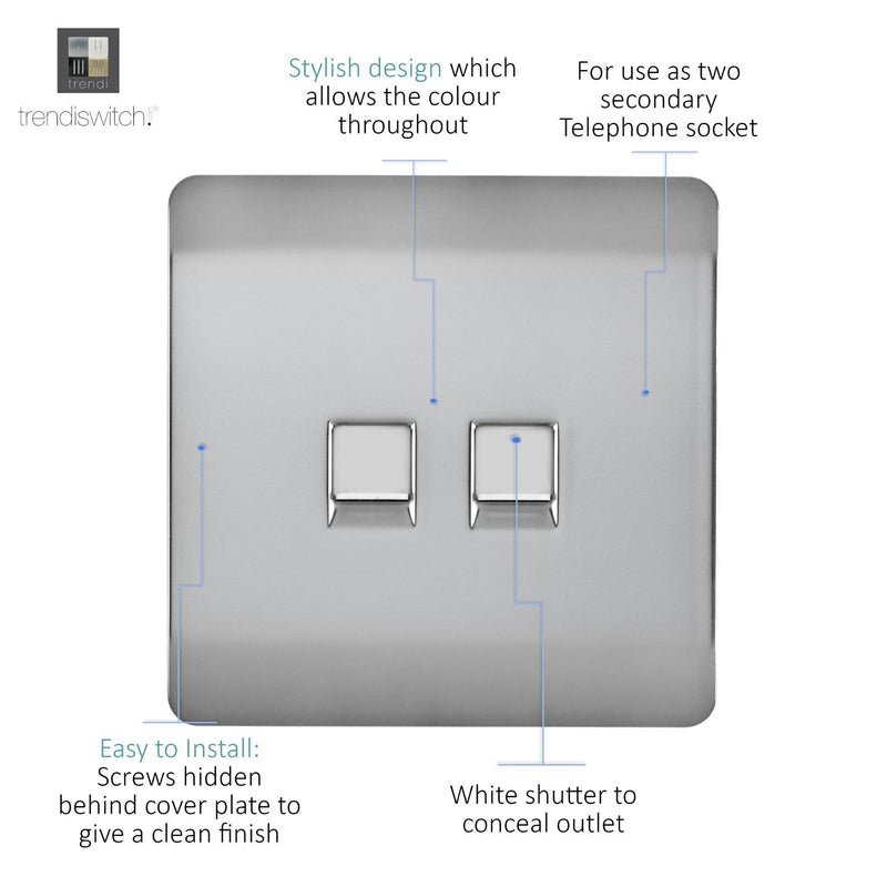 Load image into Gallery viewer, Trendi Switch ART-2TLPBS, Artistic Modern Twin RJ11 Telephone Brushed Steel Finish, BRITISH MADE, (35mm Back Box Required), 5yrs Warranty - 53650
