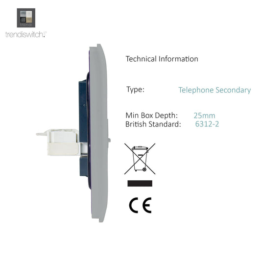 Trendi Switch ART-2TLPBS, Artistic Modern Twin RJ11 Telephone Brushed Steel Finish, BRITISH MADE, (35mm Back Box Required), 5yrs Warranty - 53650