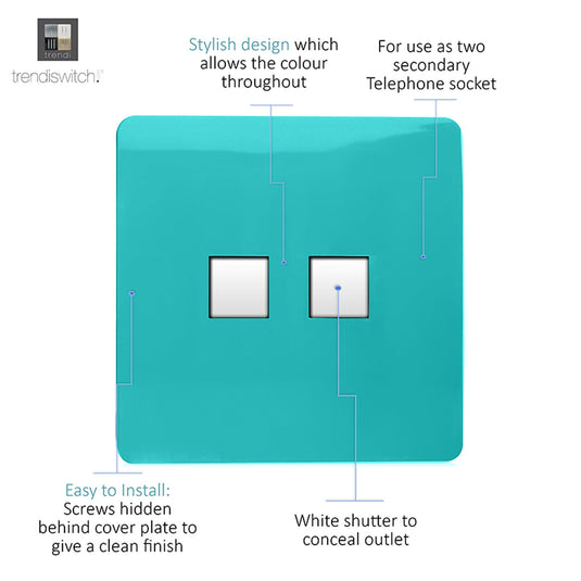 Trendi Switch ART-2TLPBT, Artistic Modern Twin RJ11 Telephone Bright Teal Finish, BRITISH MADE, (35mm Back Box Required), 5yrs Warranty - 53651