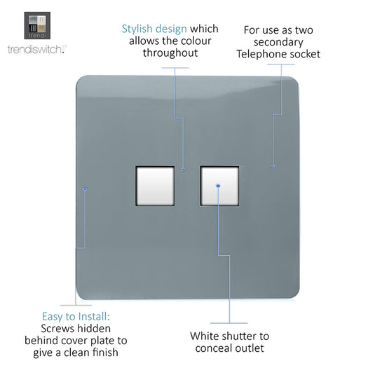 Trendi Switch ART-2PCCG, Artistic Modern Twin PC Ethernet Cat 5&6 Data Outlet Cool Grey Finish, BRITISH MADE, (35mm Back Box Required), 5yrs Warranty - 53611