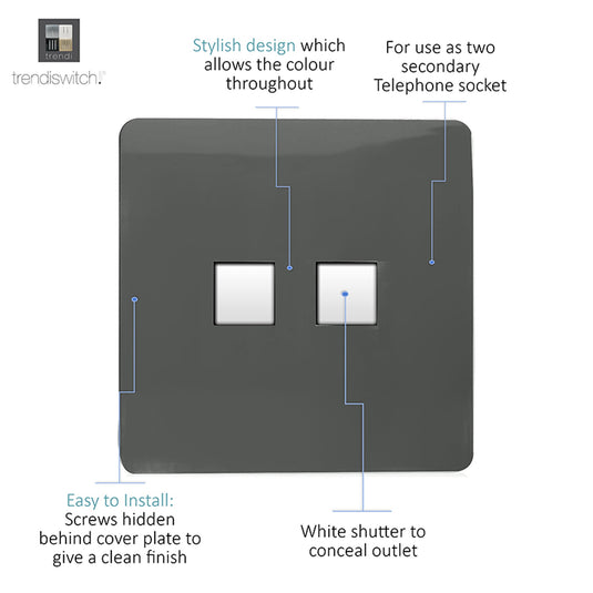 Trendi Switch ART-2TLPCH, Artistic Modern Twin RJ11 Telephone Charcoal Finish, BRITISH MADE, (35mm Back Box Required), 5yrs Warranty - 53653