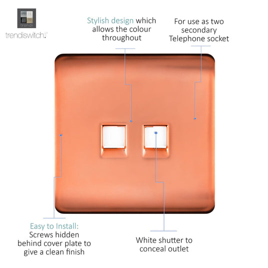 Trendi Switch ART-2TLPCPR, Artistic Modern Twin RJ11 Telephone Copper Finish, BRITISH MADE, (35mm Back Box Required), 5yrs Warranty - 53654