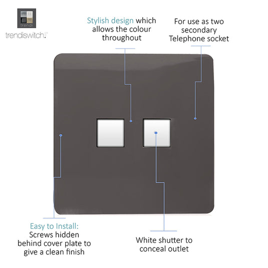 Trendi Switch ART-2TLPDB, Artistic Modern Twin RJ11 Telephone Dark Brown Finish, BRITISH MADE, (35mm Back Box Required), 5yrs Warranty - 53655