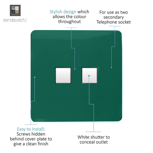 Trendi Switch ART-2TLPDG, Artistic Modern Twin RJ11 Telephone Dark Green Finish, BRITISH MADE, (35mm Back Box Required), 5yrs Warranty - 53656