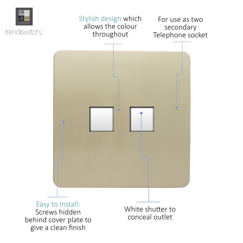 Load image into Gallery viewer, Trendi Switch ART-2TLPGO, Artistic Modern Twin RJ11 Telephone Champagne Gold Finish, BRITISH MADE, (35mm Back Box Required), 5yrs Warranty - 43843
