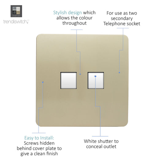 Trendi Switch ART-2TLPGO, Artistic Modern Twin RJ11 Telephone Champagne Gold Finish, BRITISH MADE, (35mm Back Box Required), 5yrs Warranty - 43843