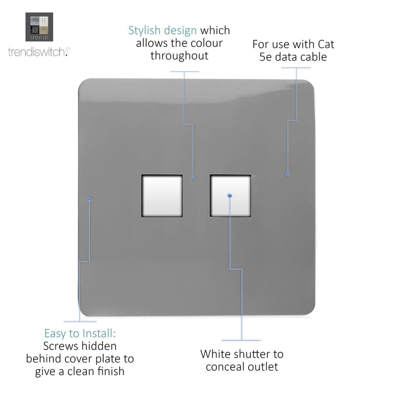 Load image into Gallery viewer, Trendi Switch ART-2PCLG, Artistic Modern Twin PC Ethernet Cat 5&amp;6 Data Outlet Light Grey Finish, BRITISH MADE, (35mm Back Box Required), 5yrs Warranty - 53616
