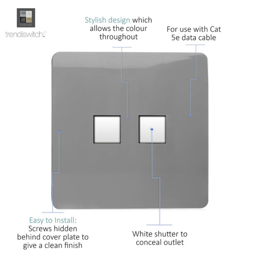 Trendi Switch ART-2PCLG, Artistic Modern Twin PC Ethernet Cat 5&6 Data Outlet Light Grey Finish, BRITISH MADE, (35mm Back Box Required), 5yrs Warranty - 53616