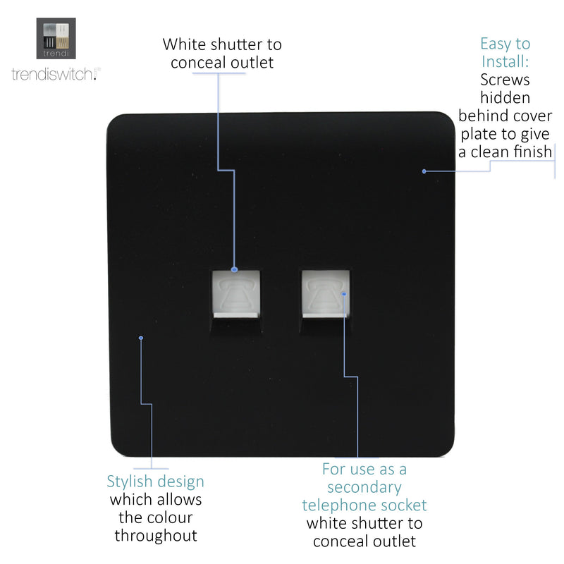 Load image into Gallery viewer, Trendi Switch ART-TLP+PCMBK, Artistic Modern RJ11 Telephone &amp; PC Ethernet Matt Black Finish, BRITISH MADE, (35mm Back Box Required), 5yrs Warranty - 43933
