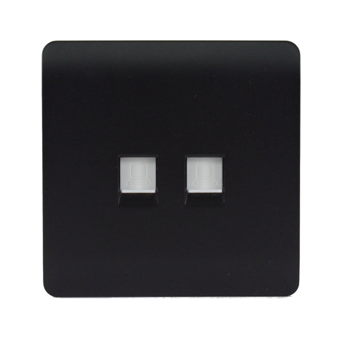 Trendi Switch ART-2PCMBK, Artistic Modern Twin PC Ethernet Cat 5&6 Data Outlet Matt Black Finish, BRITISH MADE, (35mm Back Box Required), 5yrs Warranty - 43839