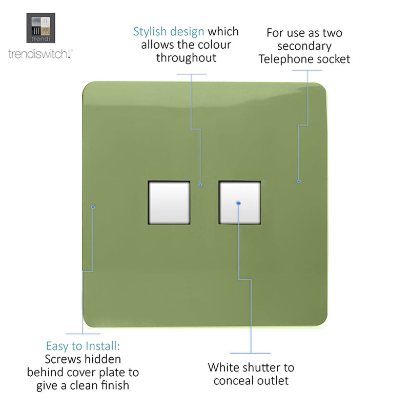 Load image into Gallery viewer, Trendi Switch ART-2TLPMG, Artistic Modern Twin RJ11 Telephone Moss Green Finish, BRITISH MADE, (35mm Back Box Required), 5yrs Warranty - 53659
