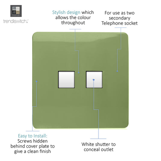 Trendi Switch ART-2TLPMG, Artistic Modern Twin RJ11 Telephone Moss Green Finish, BRITISH MADE, (35mm Back Box Required), 5yrs Warranty - 53659