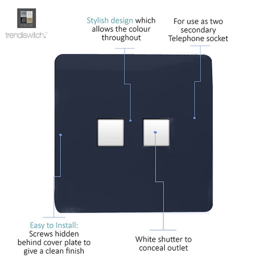 Trendi Switch ART-2PCNV, Artistic Modern Twin PC Ethernet Cat 5&6 Data Outlet Navy Blue Finish, BRITISH MADE, (35mm Back Box Required), 5yrs Warranty - 53619