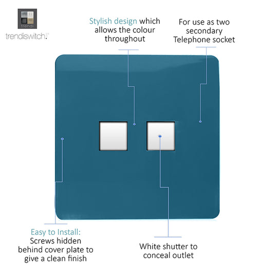 Trendi Switch ART-2PCOB, Artistic Modern Twin PC Ethernet Cat 5&6 Data Outlet Ocean Blue Finish, BRITISH MADE, (35mm Back Box Required), 5yrs Warranty - 53620