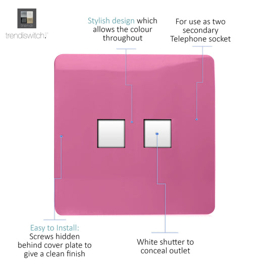 Trendi Switch ART-2PCPK, Artistic Modern Twin PC Ethernet Cat 5&6 Data Outlet Pink Finish, BRITISH MADE, (35mm Back Box Required), 5yrs Warranty - 53622