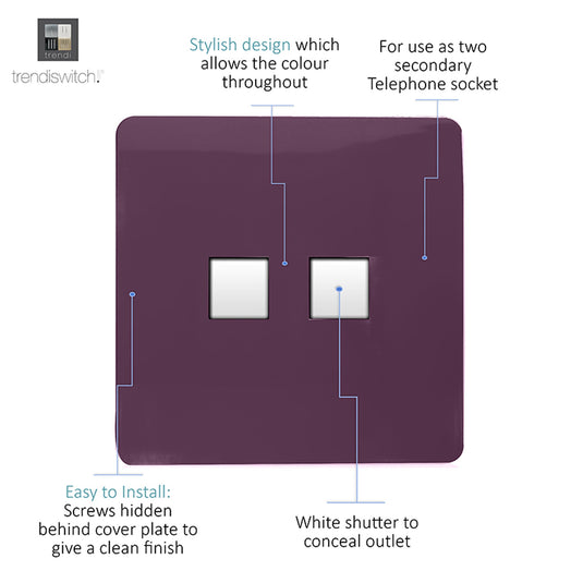 Trendi Switch ART-2PCPL, Artistic Modern Twin PC Ethernet Cat 5&6 Data Outlet Plum Finish, BRITISH MADE, (35mm Back Box Required), 5yrs Warranty - 53623