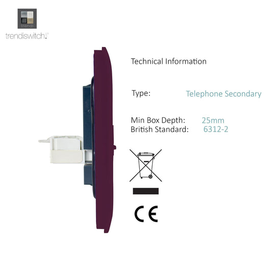 Trendi Switch ART-2TLPPL, Artistic Modern Twin RJ11 Telephone Plum Finish, BRITISH MADE, (35mm Back Box Required), 5yrs Warranty - 53664