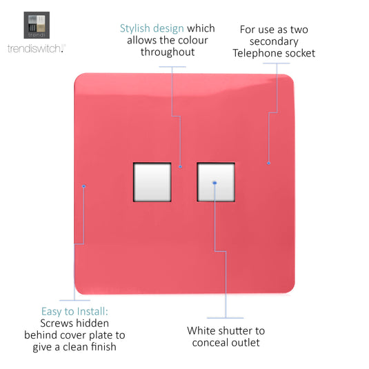 Trendi Switch ART-2TLPSB, Artistic Modern Twin RJ11 Telephone Strawberry Finish, BRITISH MADE, (35mm Back Box Required), 5yrs Warranty - 53665