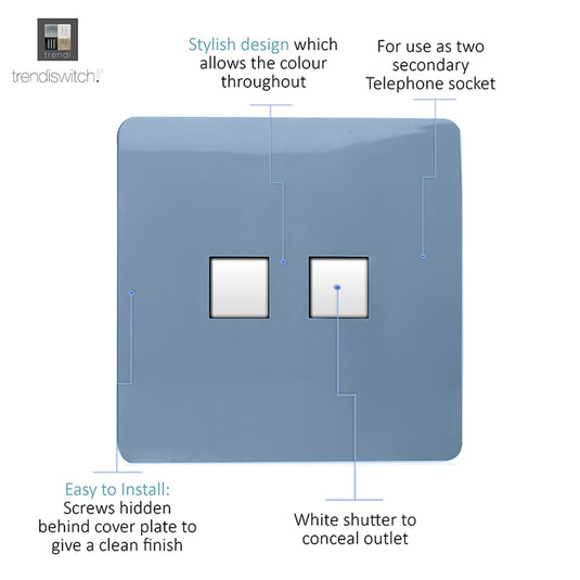 Trendi Switch ART-2TLPSK, Artistic Modern Twin RJ11 Telephone Sky Finish, BRITISH MADE, (35mm Back Box Required), 5yrs Warranty - 53666