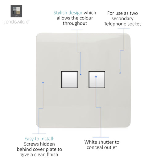 Trendi Switch ART-2PCWH, Artistic Modern Twin PC Ethernet Cat 5&6 Data Outlet Gloss White Finish, BRITISH MADE, (35mm Back Box Required), 5yrs Warranty - 43841