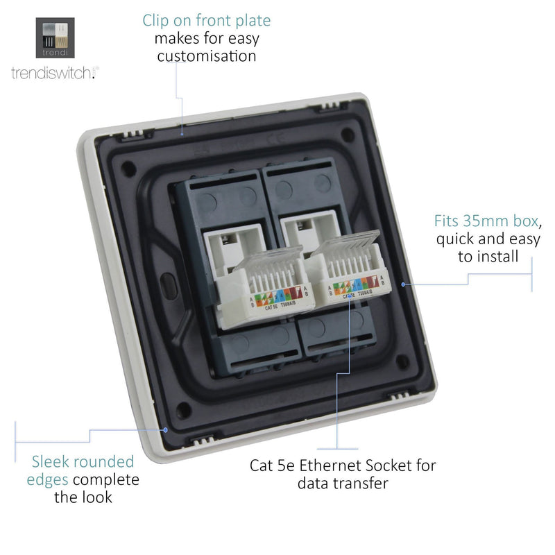 Load image into Gallery viewer, Trendi Switch ART-2PCBS, Artistic Modern Twin PC Ethernet Cat 5&amp;6 Data Outlet Brushed Steel Finish, BRITISH MADE, (35mm Back Box Required), 5yrs Warranty - 53609
