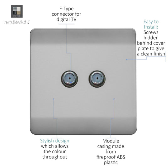 Trendi Switch ART-2SATBS, Artistic Modern 2 Gang Male F-Type Satellite Television Socket Brushed Steel, (25mm Back Box Required), 5yrs Warranty - 53628