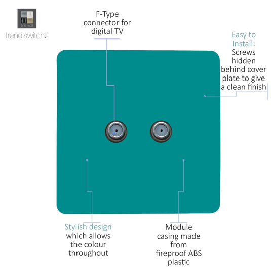 Trendi Switch ART-2SATBT, Artistic Modern 2 Gang Male F-Type Satellite Television Socket Bright Teal, (25mm Back Box Required), 5yrs Warranty - 53629