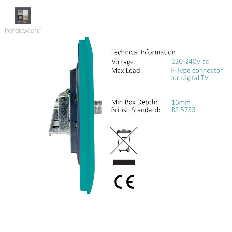 Load image into Gallery viewer, Trendi Switch ART-2SATBT, Artistic Modern 2 Gang Male F-Type Satellite Television Socket Bright Teal, (25mm Back Box Required), 5yrs Warranty - 53629
