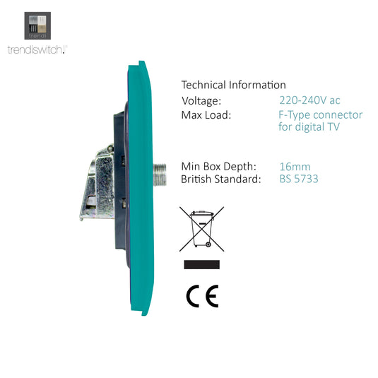 Trendi Switch ART-2SATBT, Artistic Modern 2 Gang Male F-Type Satellite Television Socket Bright Teal, (25mm Back Box Required), 5yrs Warranty - 53629