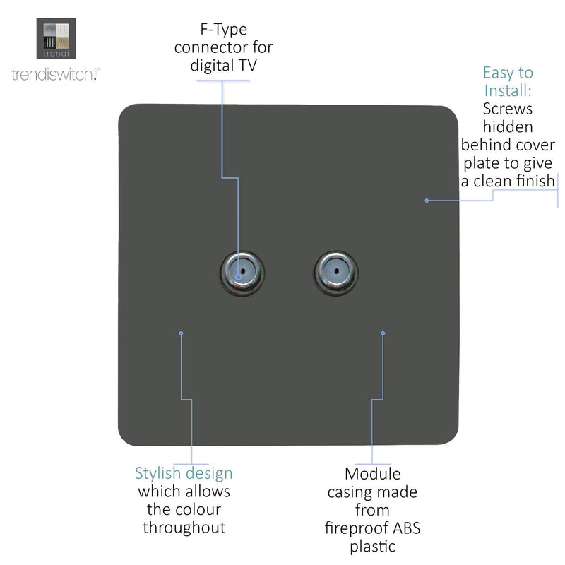 Load image into Gallery viewer, Trendi Switch ART-2SATCH, Artistic Modern 2 Gang Male F-Type Satellite Television Socket Charcoal, (25mm Back Box Required), 5yrs Warranty - 53631
