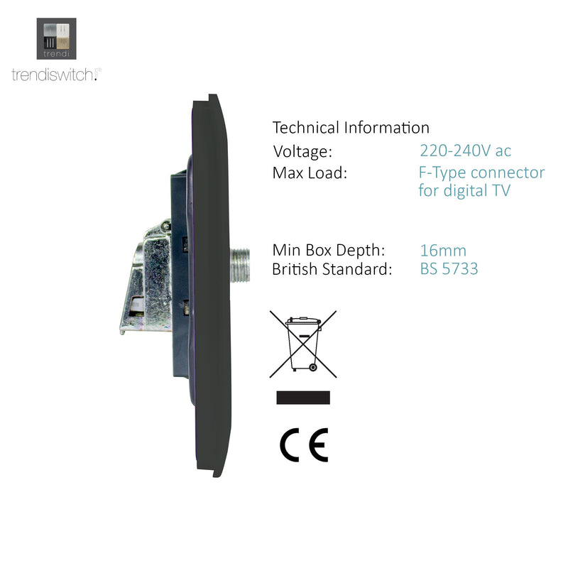 Load image into Gallery viewer, Trendi Switch ART-2SATCH, Artistic Modern 2 Gang Male F-Type Satellite Television Socket Charcoal, (25mm Back Box Required), 5yrs Warranty - 53631
