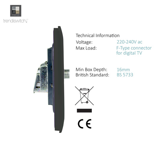 Trendi Switch ART-2SATCH, Artistic Modern 2 Gang Male F-Type Satellite Television Socket Charcoal, (25mm Back Box Required), 5yrs Warranty - 53631