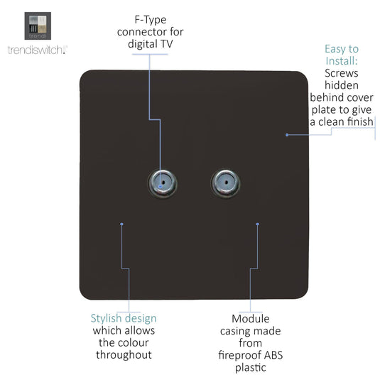 Trendi Switch ART-2SATDB, Artistic Modern 2 Gang Male F-Type Satellite Television Socket Dark Brown, (25mm Back Box Required), 5yrs Warranty - 53633