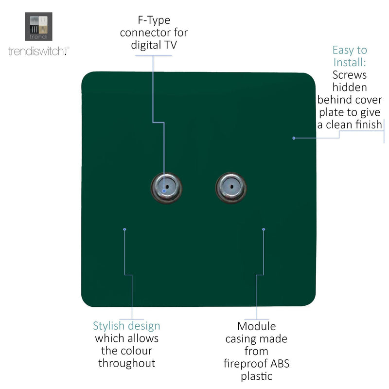 Load image into Gallery viewer, Trendi Switch ART-2SATDG, Artistic Modern 2 Gang Male F-Type Satellite Television Socket Dark Green, (25mm Back Box Required), 5yrs Warranty - 53634
