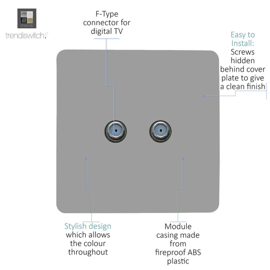 Trendi Switch ART-2SATLG, Artistic Modern 2 Gang Male F-Type Satellite Television Socket Light Grey, (25mm Back Box Required), 5yrs Warranty - 53636