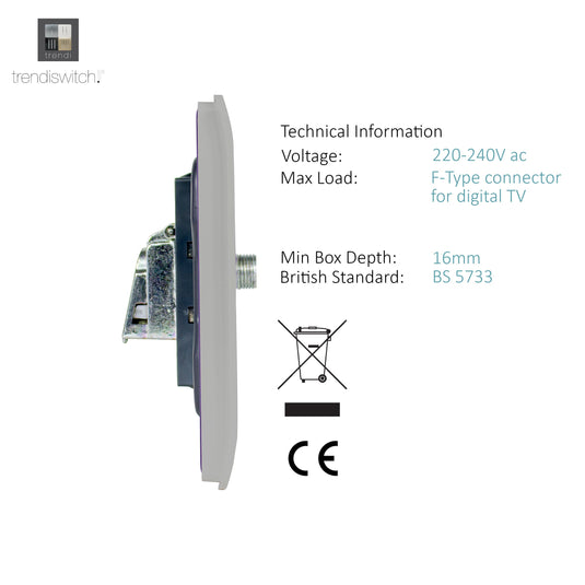 Trendi Switch ART-2SATLG, Artistic Modern 2 Gang Male F-Type Satellite Television Socket Light Grey, (25mm Back Box Required), 5yrs Warranty - 53636