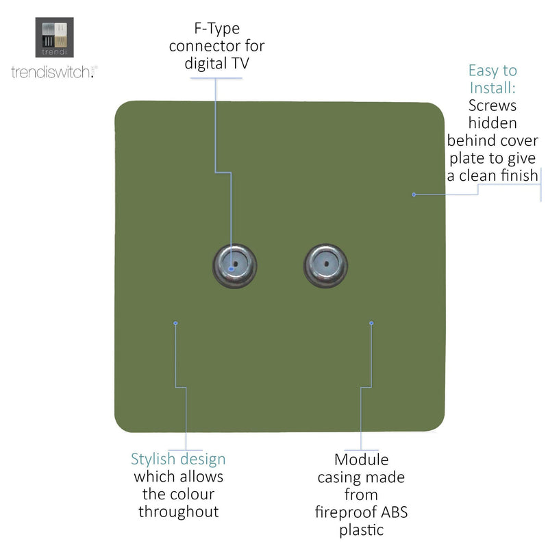 Load image into Gallery viewer, Trendi Switch ART-2SATMG, Artistic Modern 2 Gang Male F-Type Satellite Television Socket Moss Green, (25mm Back Box Required), 5yrs Warranty - 53639
