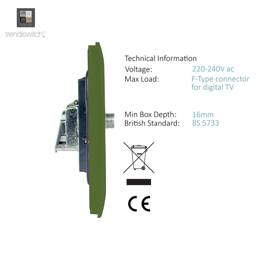 Trendi Switch ART-2SATMG, Artistic Modern 2 Gang Male F-Type Satellite Television Socket Moss Green, (25mm Back Box Required), 5yrs Warranty - 53639