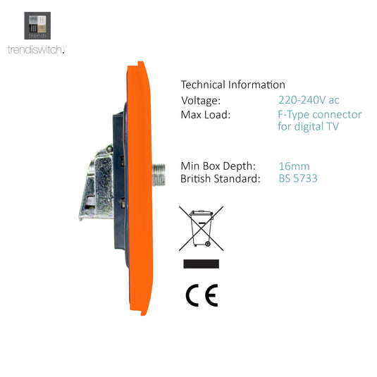 Trendi Switch ART-2SATOR, Artistic Modern 2 Gang Male F-Type Satellite Television Socket Orange, (25mm Back Box Required), 5yrs Warranty - 53642