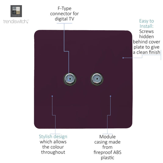 Trendi Switch ART-2SATPL, Artistic Modern 2 Gang Male F-Type Satellite Television Socket Plum, (25mm Back Box Required), 5yrs Warranty - 53644