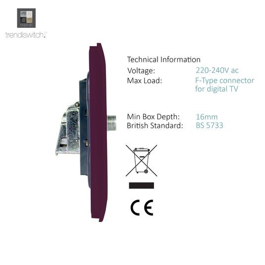 Trendi Switch ART-2SATPL, Artistic Modern 2 Gang Male F-Type Satellite Television Socket Plum, (25mm Back Box Required), 5yrs Warranty - 53644