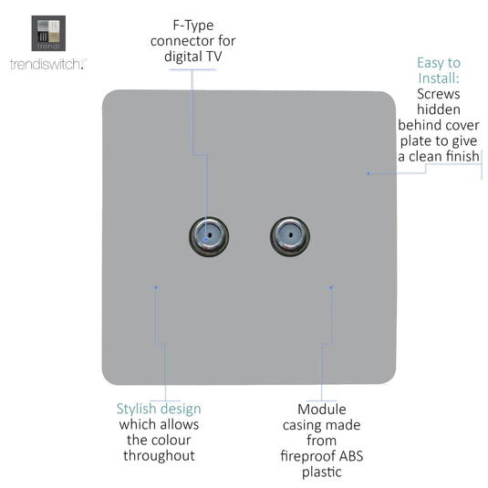 Trendi Switch ART-2SATSI, Artistic Modern 2 Gang Male F-Type Satellite Television Socket Platinum Silver, (25mm Back Box Required), 5yrs Warranty - 53646