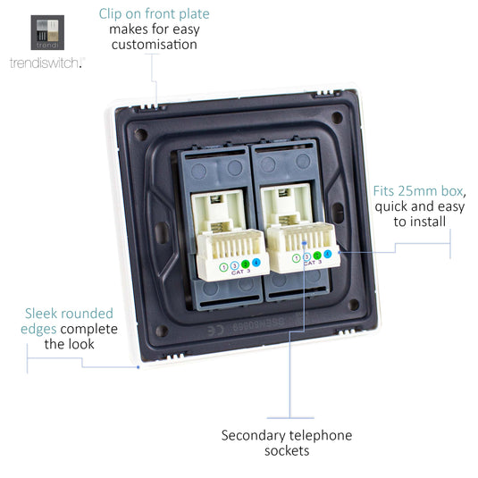 Trendi Switch ART-2TLPMG, Artistic Modern Twin RJ11 Telephone Moss Green Finish, BRITISH MADE, (35mm Back Box Required), 5yrs Warranty - 53659