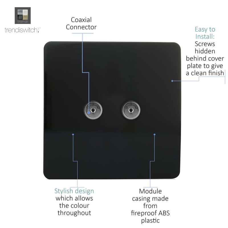 Load image into Gallery viewer, Trendi Switch ART-2TVSBK, Artistic Modern Twin TV Co-Axial Outlet Gloss Black Finish, BRITISH MADE, (25mm Back Box Required), 5yrs Warranty - 43847
