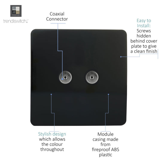 Trendi Switch ART-2TVSBK, Artistic Modern Twin TV Co-Axial Outlet Gloss Black Finish, BRITISH MADE, (25mm Back Box Required), 5yrs Warranty - 43847