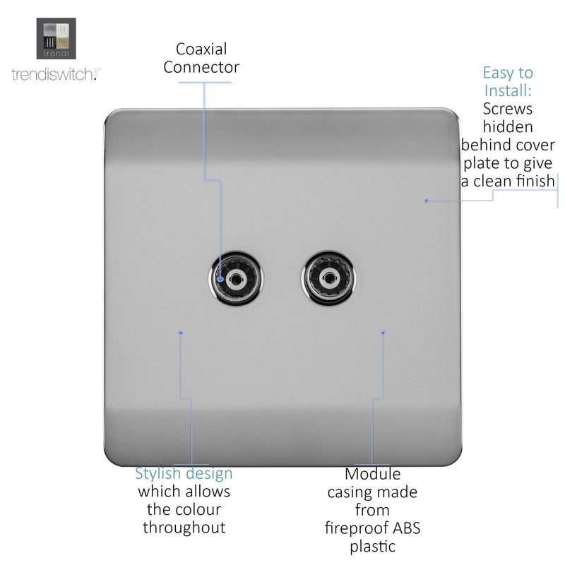 Load image into Gallery viewer, Trendi Switch ART-2TVSBS, Artistic Modern Twin TV Co-Axial Outlet Brushed Steel Finish, BRITISH MADE, (25mm Back Box Required), 5yrs Warranty - 53668
